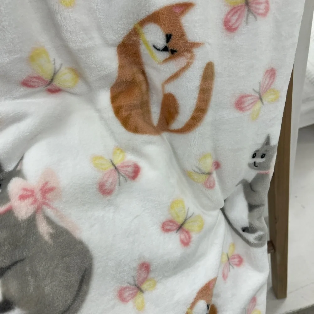Spring Cats in Pink bows w/Butterflies Grey & Orange Cat Plush Throw blanket NWT